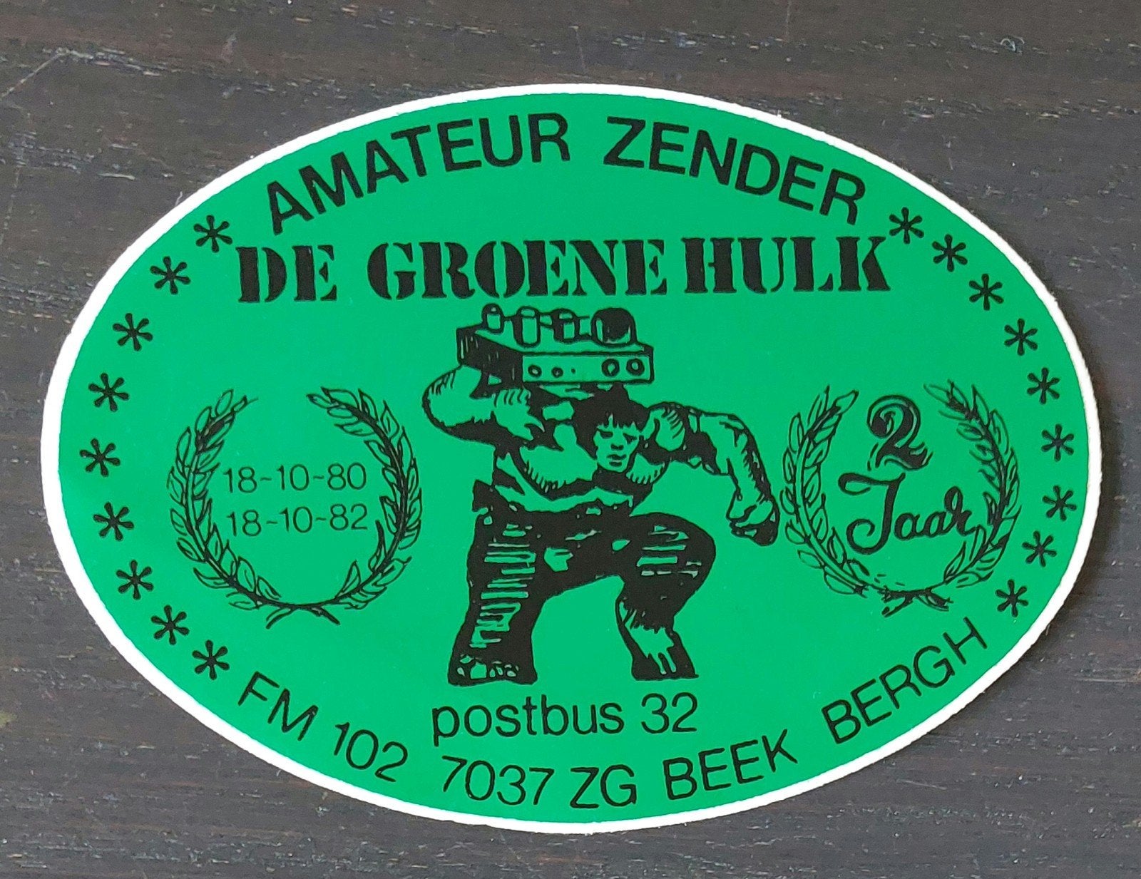 Sticker De Groene Hulk Beek Bergh zendamateur piratenzender, Ophalen of Verzenden, Gebruikt