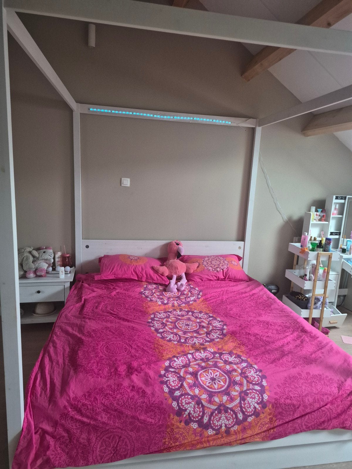 Tweepersoons hemelbed met lades - Wit hout, Ophalen, Gebruikt, Wit, Tweepersoons
