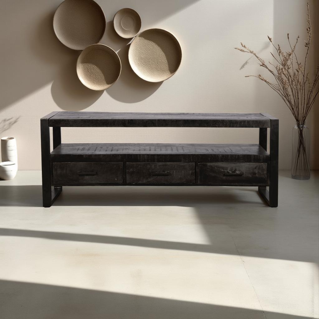 Zita Home Tv-Meubel zwart mango hout 3 lades 145cm breed