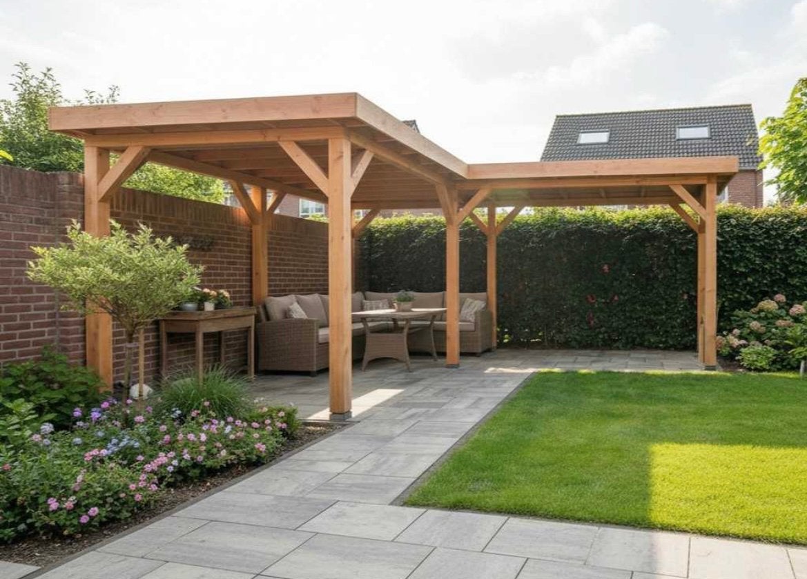 Douglas hoekoverkapping 7 x 6 meter, Tuin en Terras, Overkappingen, Ophalen, Nieuw, Veranda