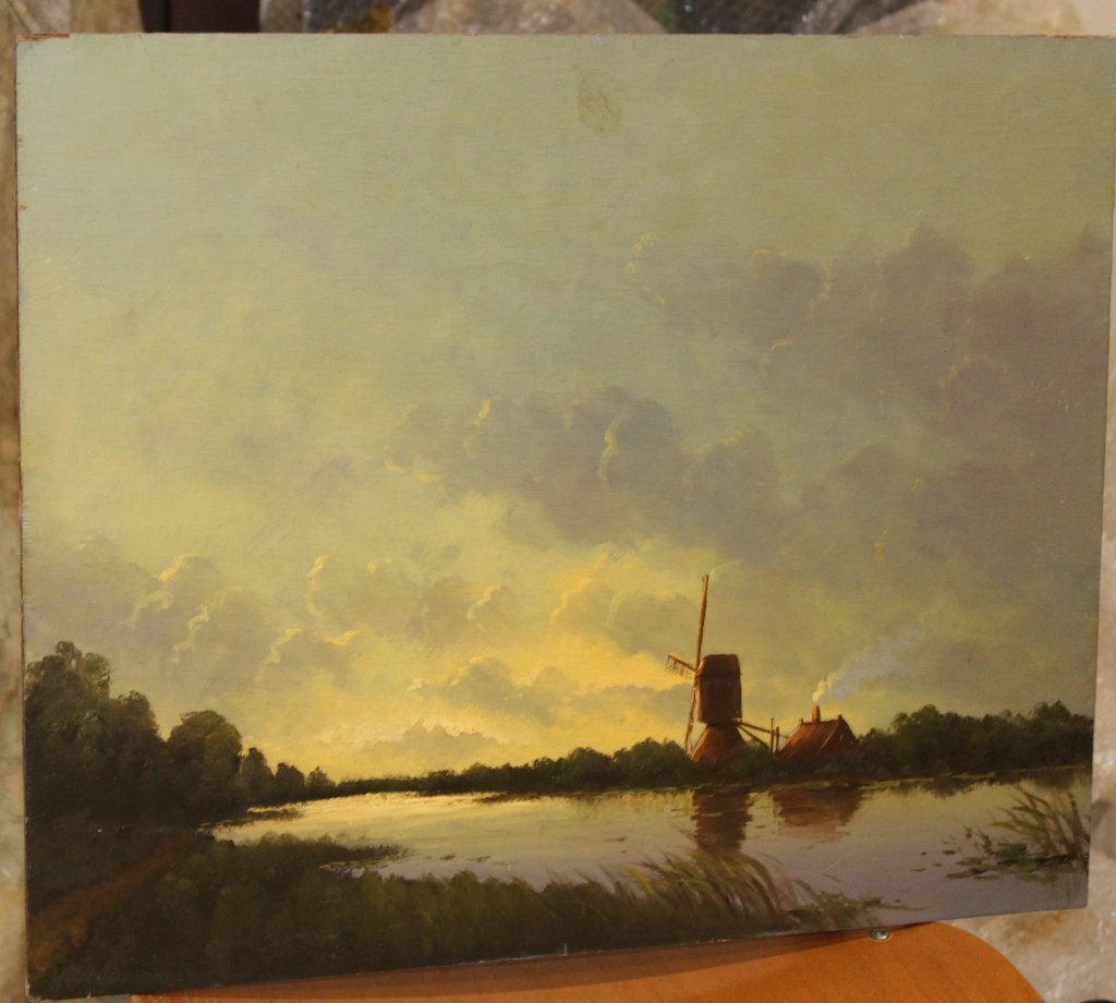 No 25 Olieverfschilderij Hollandse molen aan het water, Verzenden