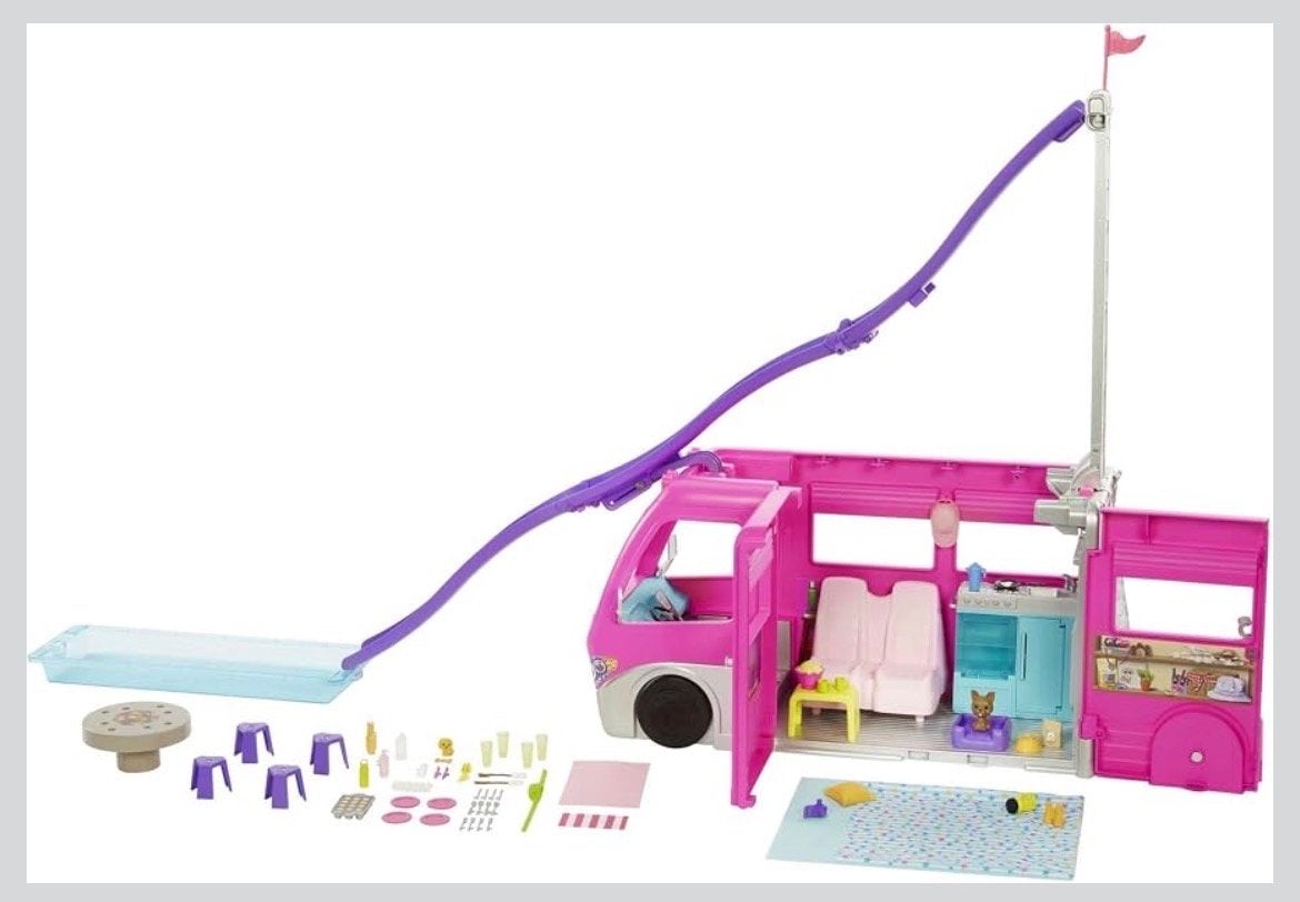Barbie droomcamper met accessoires en glijbaan, Ophalen of Verzenden, Zo goed als nieuw