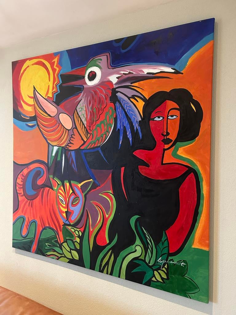 Levendig Kleurrijk Schilderij: Vrouw, Vogel en Kat, Ophalen of Verzenden