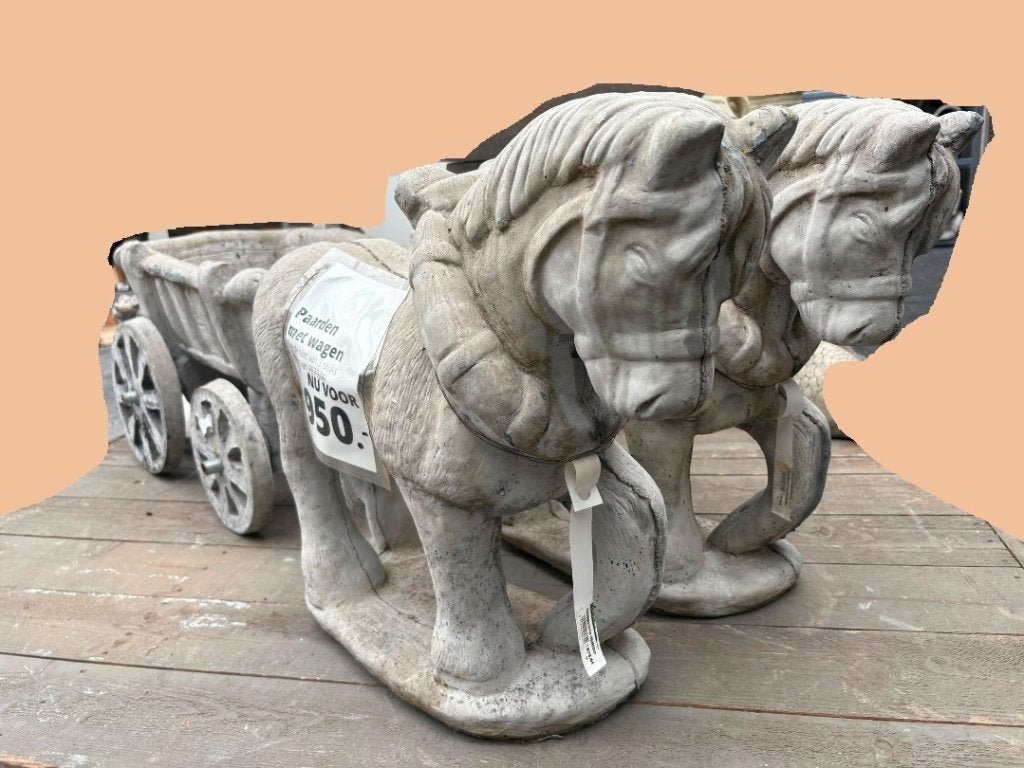 Tuinbeeld paarden met wagen beton, Ophalen, Nieuw, Beton, Dierenbeeld