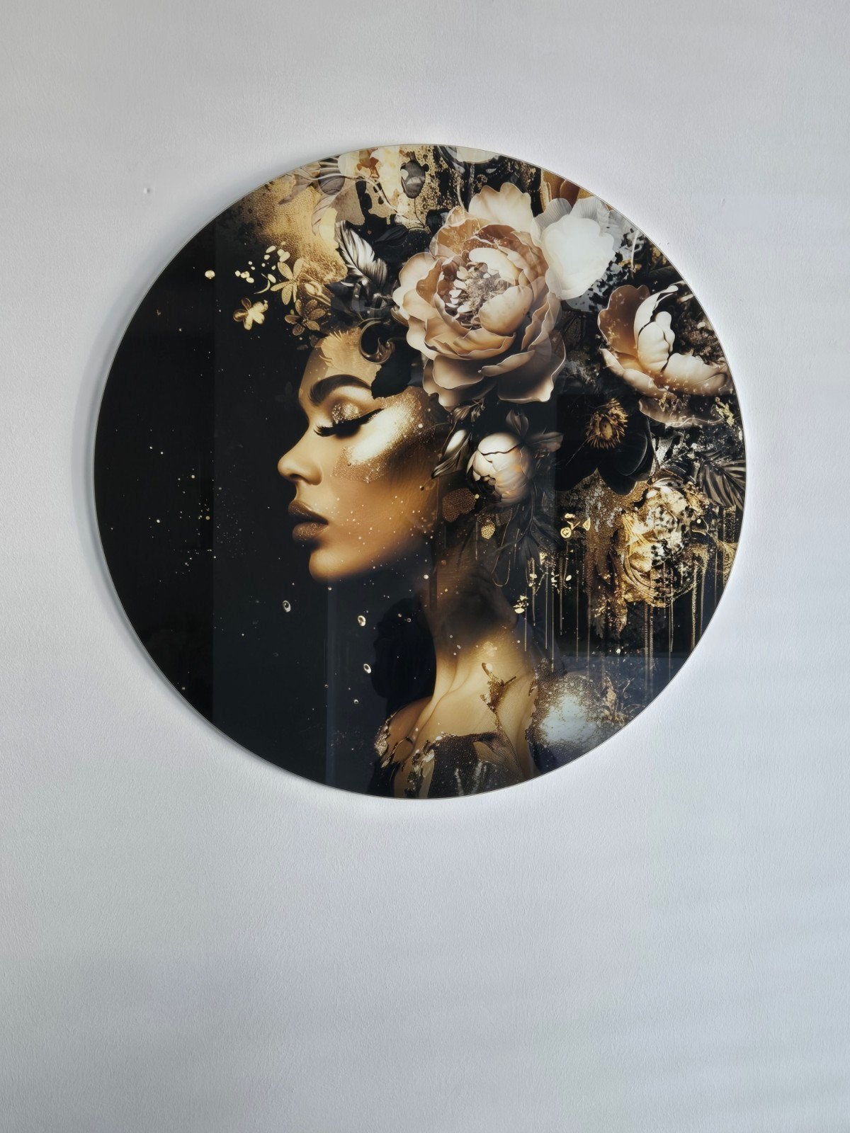 Rond Glasschilderij Vrouw met Bloemen 70cm, Ophalen
