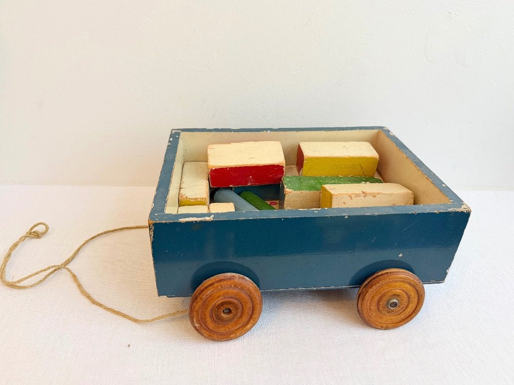 Vintage houten trekkar met bouwblokken, Ophalen of Verzenden