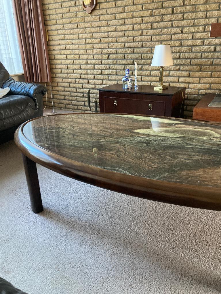 Salontafel ovaal met natuursteen blad, Ophalen, Apart, 50 tot 100 cm, Zo goed als nieuw