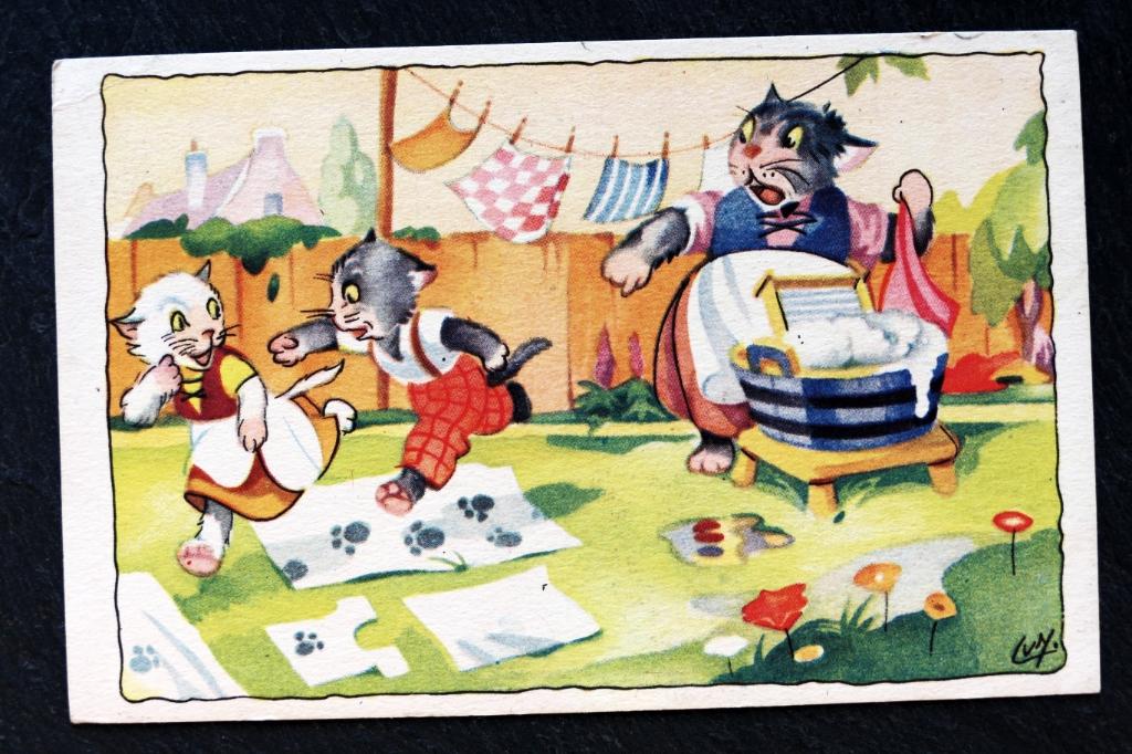 Poezenkinderen met vieze voeten over de schone was... 1948, Verzenden, 1940 tot 1960, Gelopen, Hond of Kat