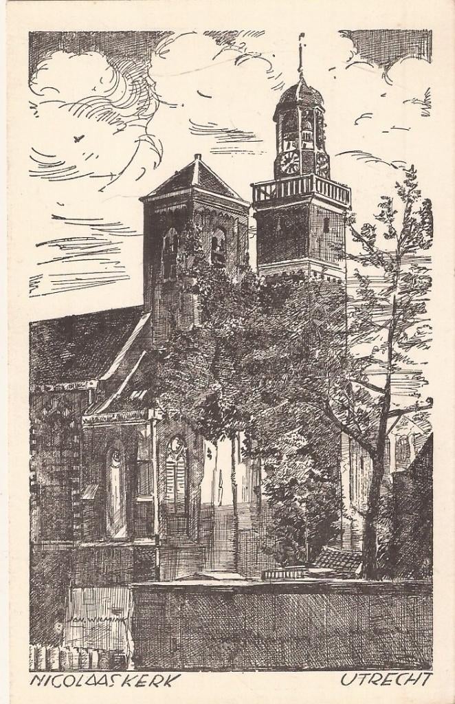 Utrecht Nicolaaskerk Tekening Jan Wilmink 1944, Ophalen of Verzenden, 1940 tot 1960, Ongelopen, Utrecht