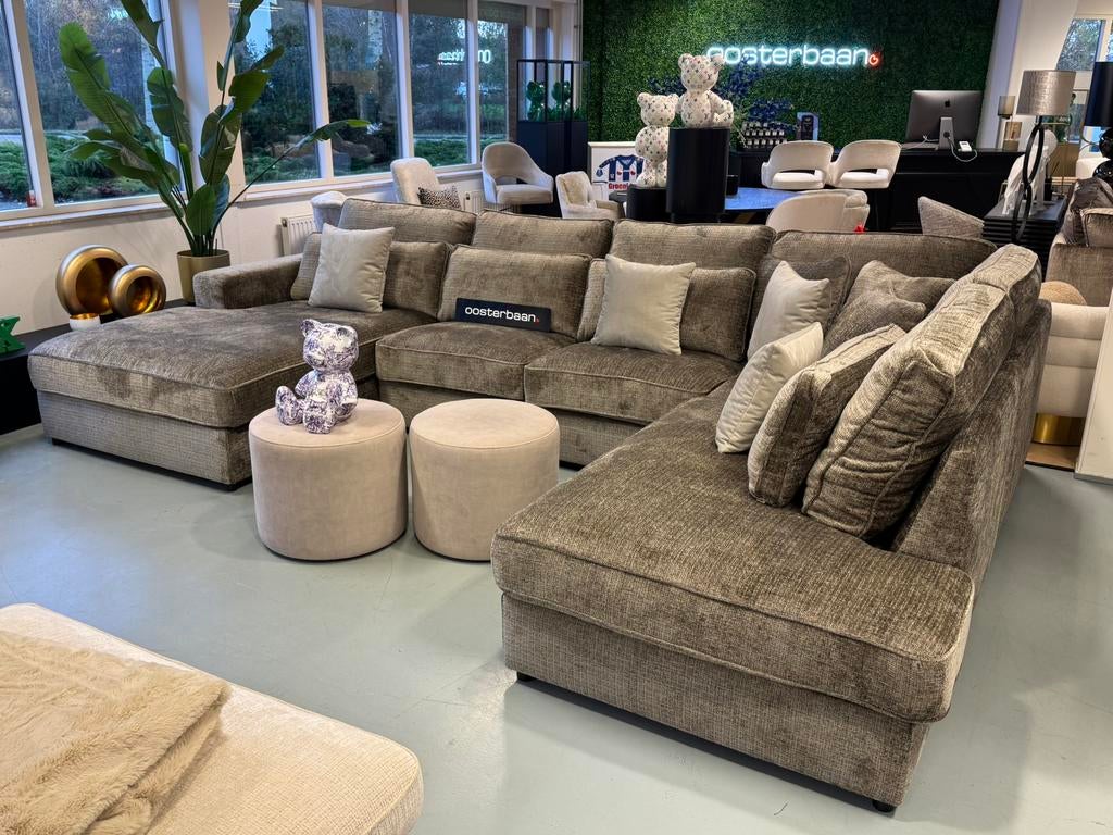 Luxe Velvet Teddy U-bank Pocket 200x370x250cm Taupe Khaki, Info@oosterbaanwonen.nl, Venus 31 8448CE Heerenveen, Hoekbank, Oosterbaan Wonen