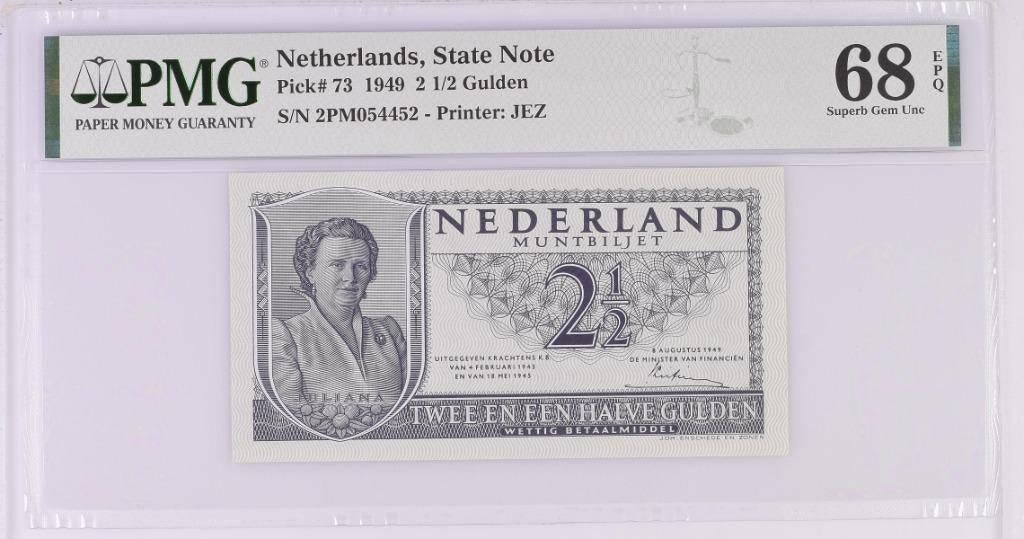 UNC biljet 2,5 gulden Juliana, 1949 | PMG 68 EPQ, Ophalen of Verzenden