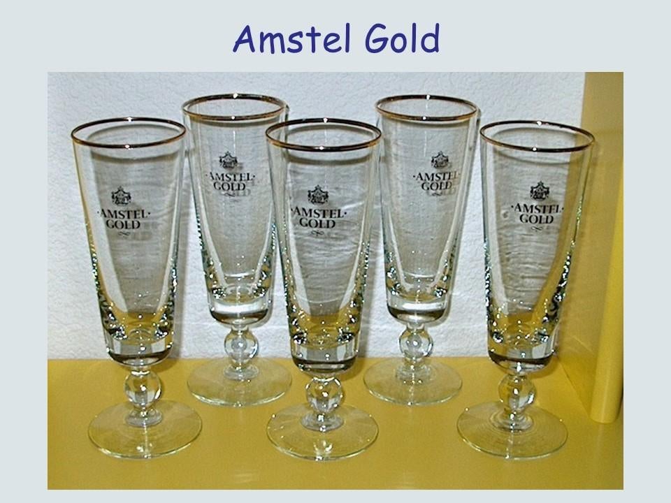 5 stuks Amstel Gold glazen op voet ( zeer oud ), Ophalen, Zo goed als nieuw, Glas of Glazen, Amstel
