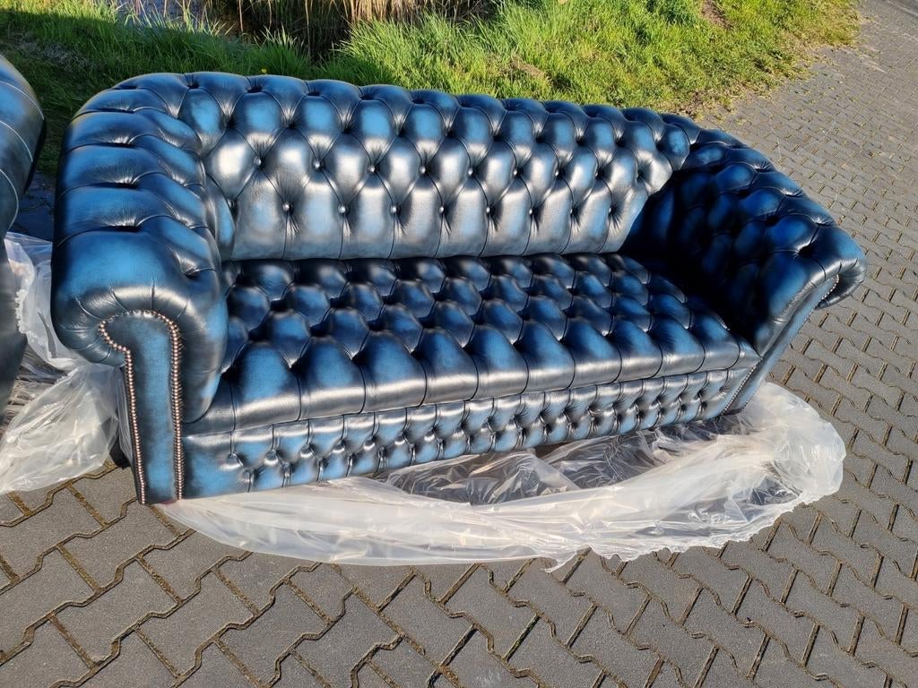 Engelse Chesterfield bank blauw gevlamd + GRATIS BEZORGING, Huis en Inrichting, Chesterfield, Nieuw, Leer, Ophalen of Verzenden