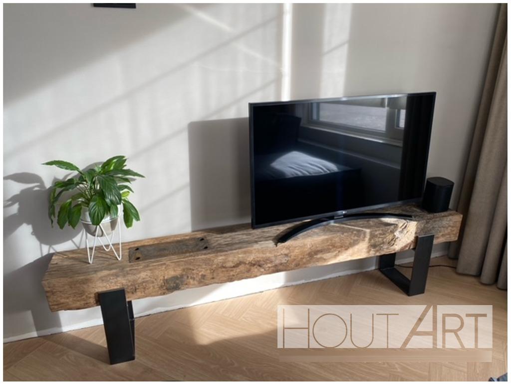 TV-meubel stalen strippoot oud eiken balk / balken, Nieuw, Ophalen of Verzenden, 200 cm of meer, Minder dan 100 cm