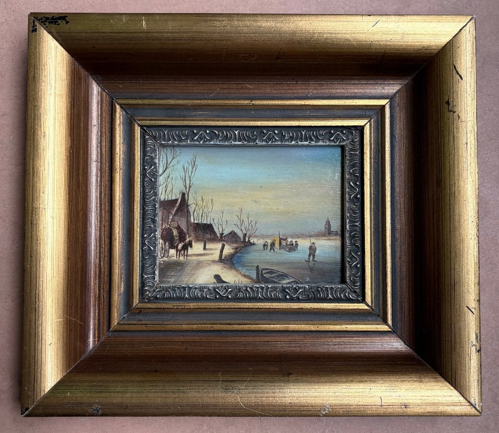 Schilderij van winterlandschap, olieverf op paneel, Paneel, Oud hollands, Ophalen of Verzenden, Landschap