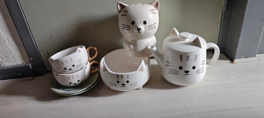 Servies setje kat + spaarpot, Ophalen of Verzenden