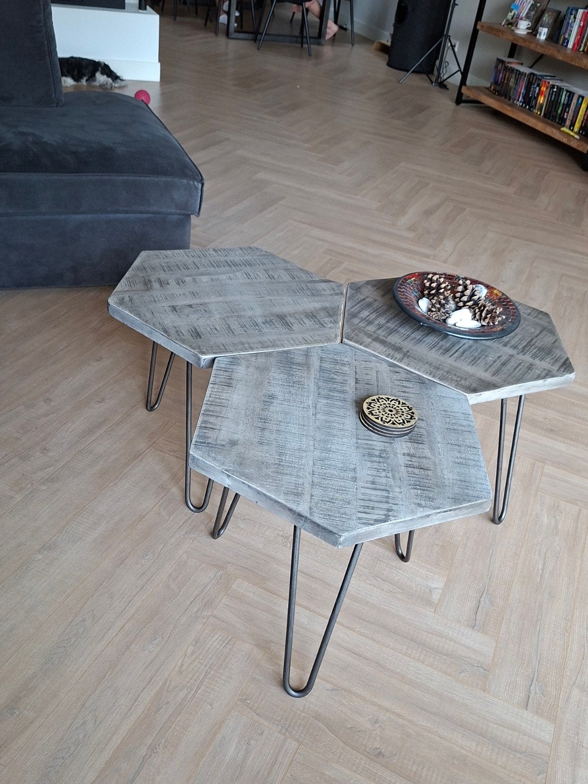 Set van 3 zeshoekige salontafels met hairpin poten, Minder dan 50 cm, Gebruikt, Modern, Industrieel, Minder dan 50 cm