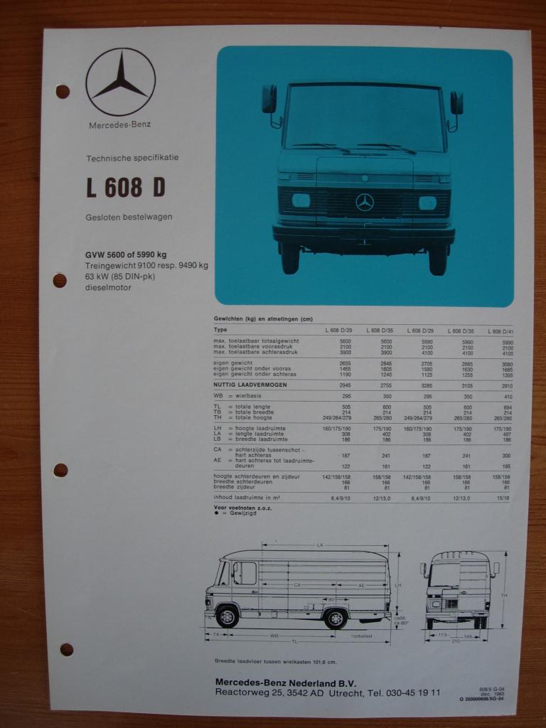 Mercedes 608 D Technische Specificatie Brochure 1983 608D, Zo goed als nieuw, Mercedes-Benz, Mercedes, Ophalen of Verzenden