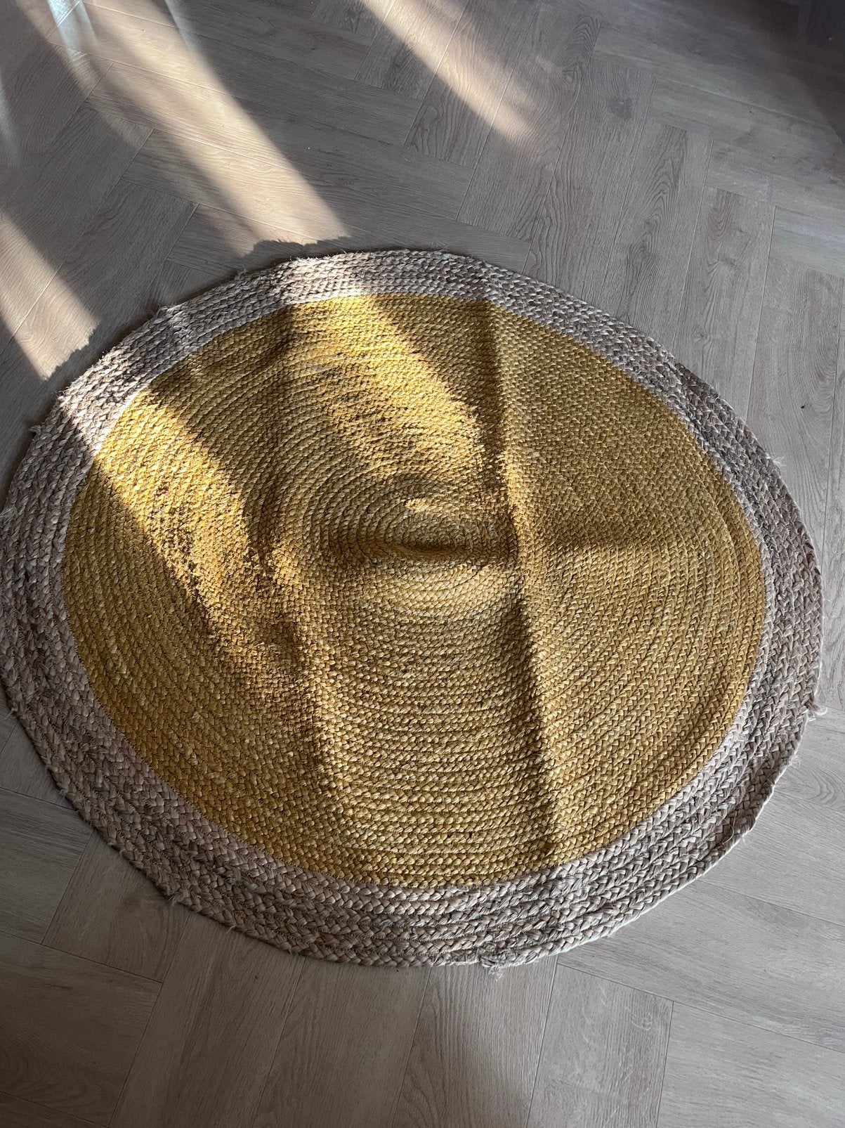 Jute vloerkleed rond 120cm okergeel bruin, Ophalen of Verzenden, Zo goed als nieuw