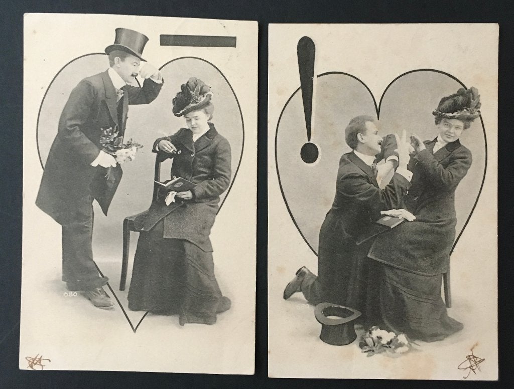 Twee Prentbriefkaarten: Vrouw leest boek, ontmoeting., Ophalen of Verzenden, Voor 1920, Gelopen, Overige thema's