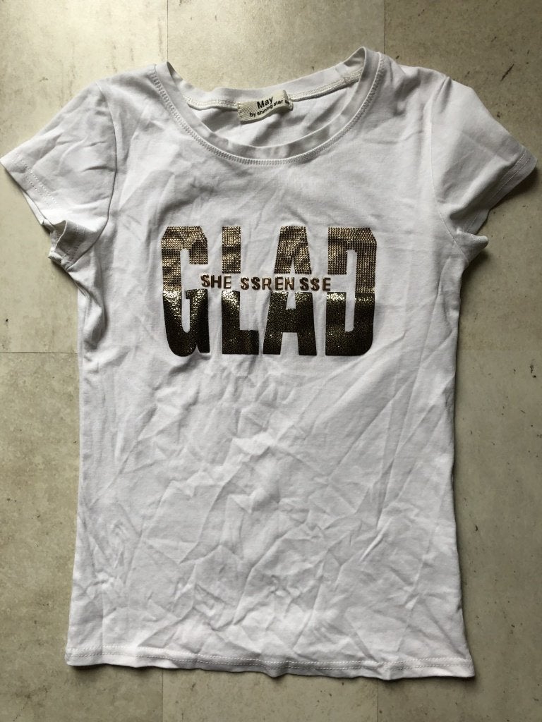 V) DD19 MAY by shining star maat S wit met gouden opdruk, Kleding | Dames, T-shirts, Verzenden, Wit, Zo goed als nieuw, Korte mouw