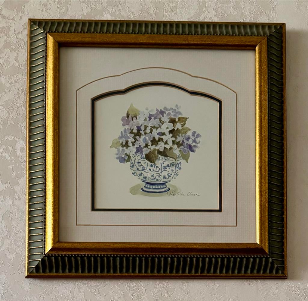 Schilderij met bloemen in vaas, gesigneerd M. Olson, Antiek en Kunst, Kunst | Schilderijen | Klassiek, Ophalen of Verzenden