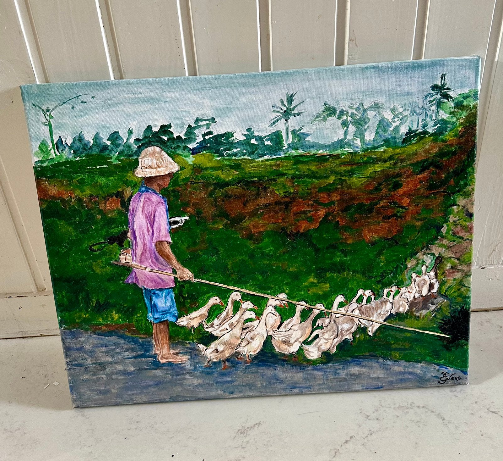 Schilderij Indonesische eendenhoeder, Antiek en Kunst, Ophalen