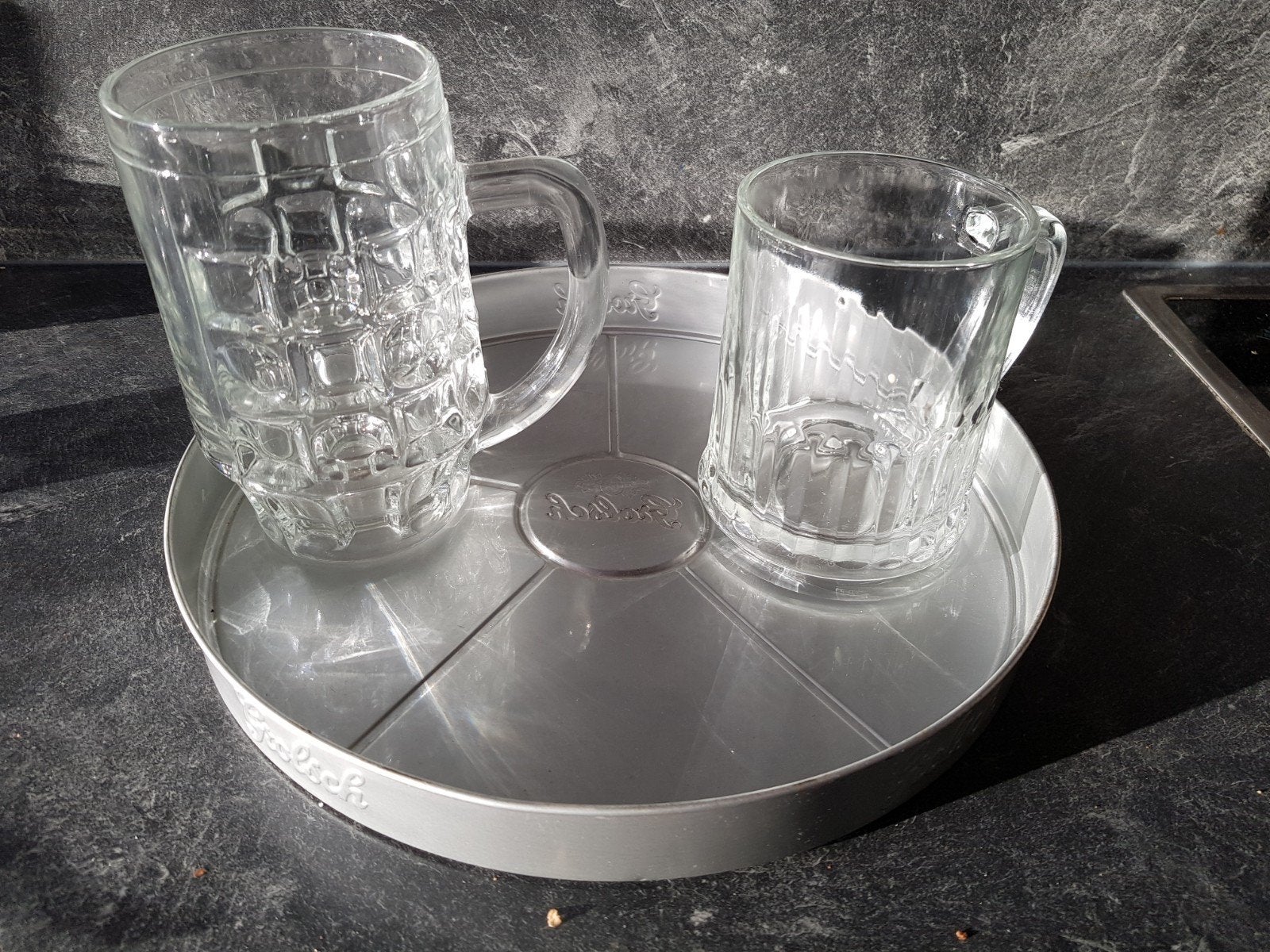 Grolsch bierpullen met dienblad, Vintage, Gebruikt, Ophalen of Verzenden, Glas