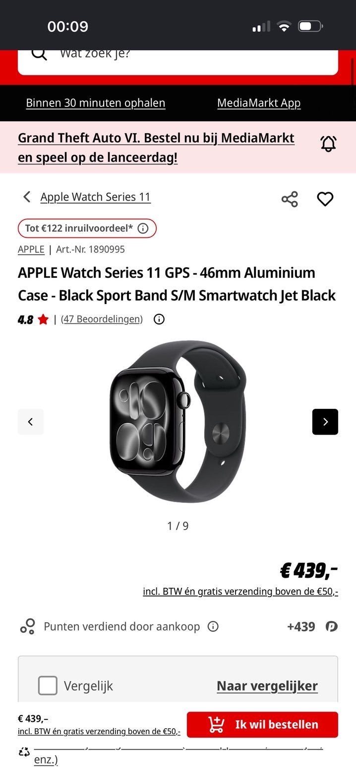 Apple Watch Series 11 GPS Black (Factuur), Zwart, IOS, Ophalen of Verzenden, Zo goed als nieuw