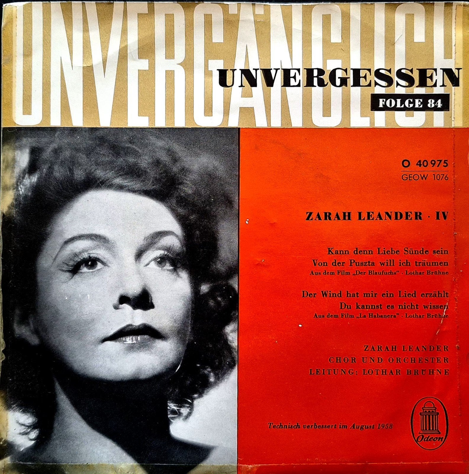 7"-EP/SINGLE  ZARAH LEANDER - Unvergänglich Unvergessen IV, Ophalen of Verzenden, Gebruikt