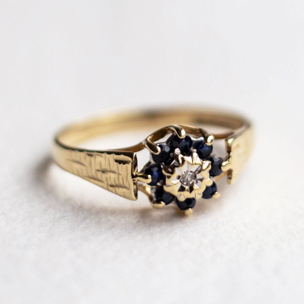 Vintage 9K gouden Cluster ring Saffier & Diamant 16,25, Sieraden, Tassen en Uiterlijk, Ringen, Ophalen of Verzenden, Met edelsteen