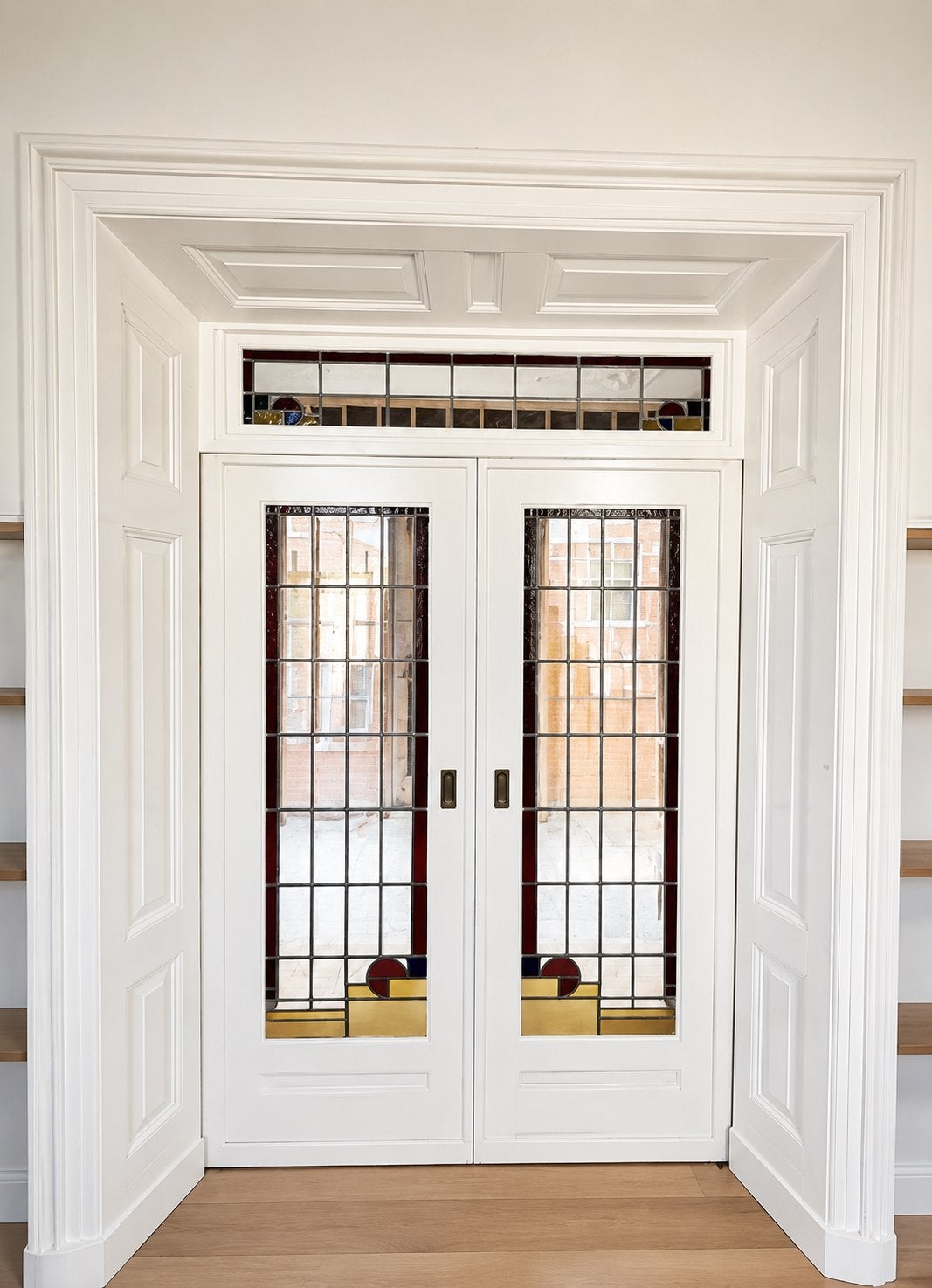 Antieke ensuite schuifdeuren glas in lood COMPLEET!, 120 cm of meer, Binnendeur, Ophalen of Verzenden, 200 tot 215 cm