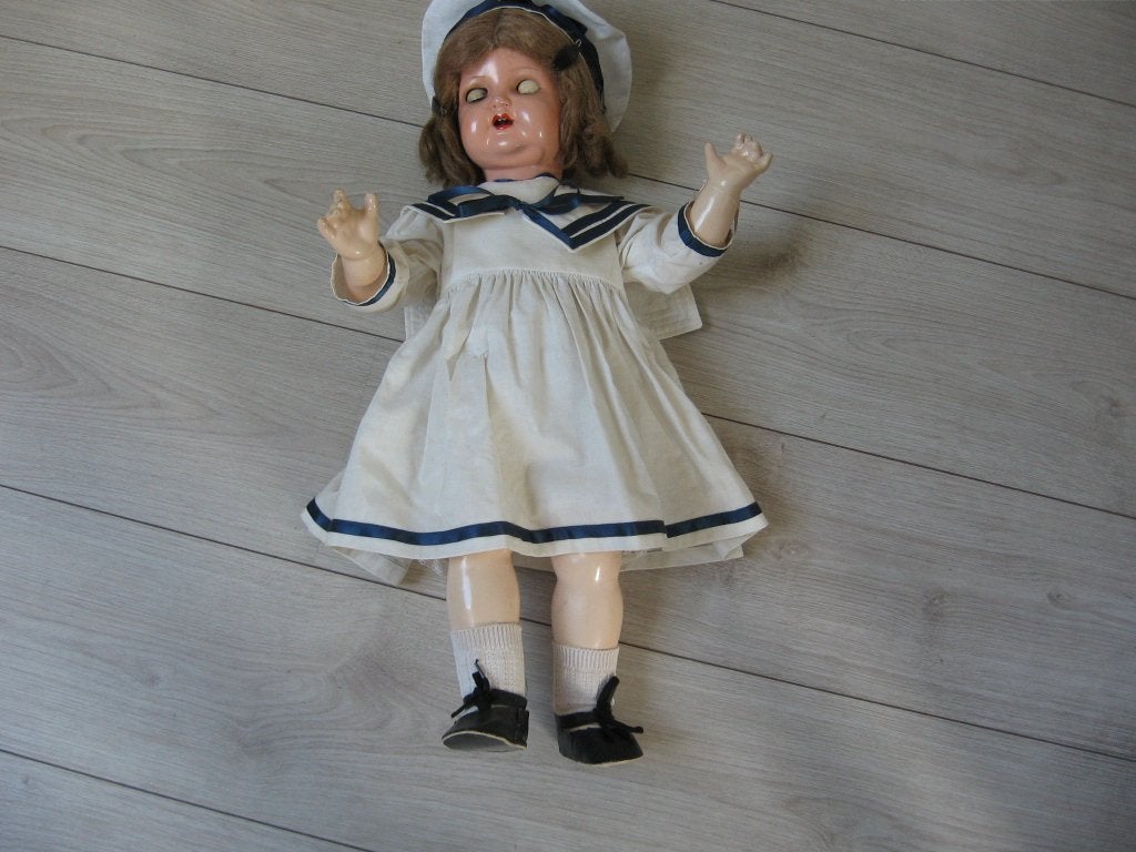 Oude antieke matroos pop1930 kr 926 60 cm m schelmogen., Ophalen of Verzenden, Gebruikt, Pop