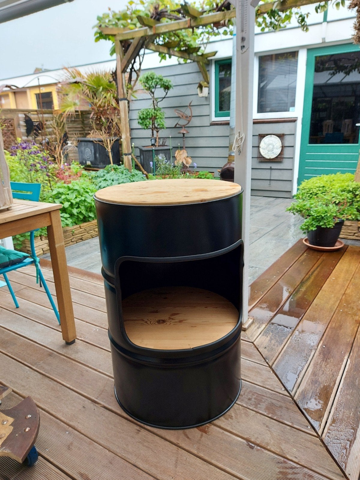 Barrel tafel olieton bijzettafel, Ophalen, Minder dan 55 cm, Metaal of Aluminium, Rond