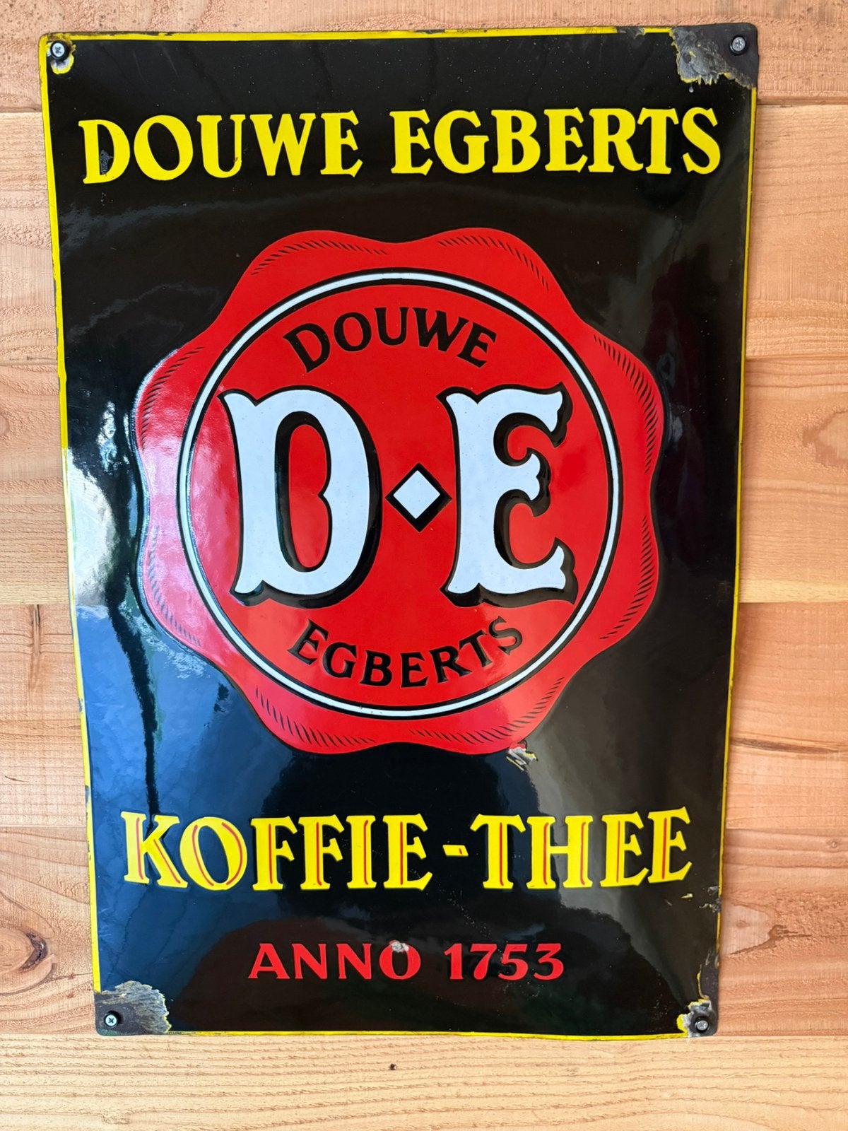 Mooie emaille Douwe Egberts bord, Ophalen, Gebruikt, Reclamebord