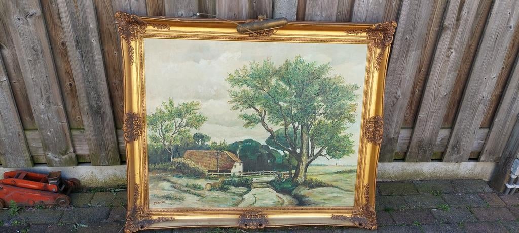Groot Vintage/Antiek Landschap Schilderij 118* 100 cm, Antiek en Kunst, Kunst | Schilderijen | Klassiek, Ophalen