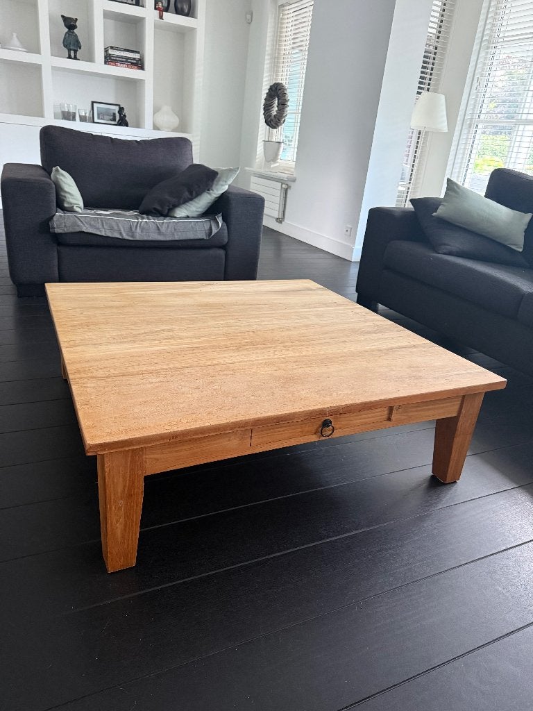 Te koop: Grenen vierkante salontafel 110x110x35, Ophalen, Gebruikt, Grenen, Vierkant