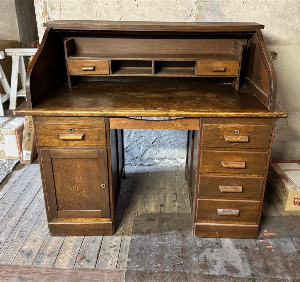 Vintage 3-delig bureau met rolluik, Huis en Inrichting, Bureaus, Ophalen, Gebruikt, Secretaire, Hout