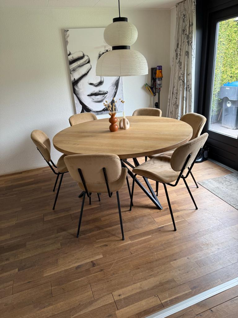 Massief eiken eettafel met butterfly onderstel 150 cm, Ophalen, Gebruikt, Eikenhout, 200 cm of meer