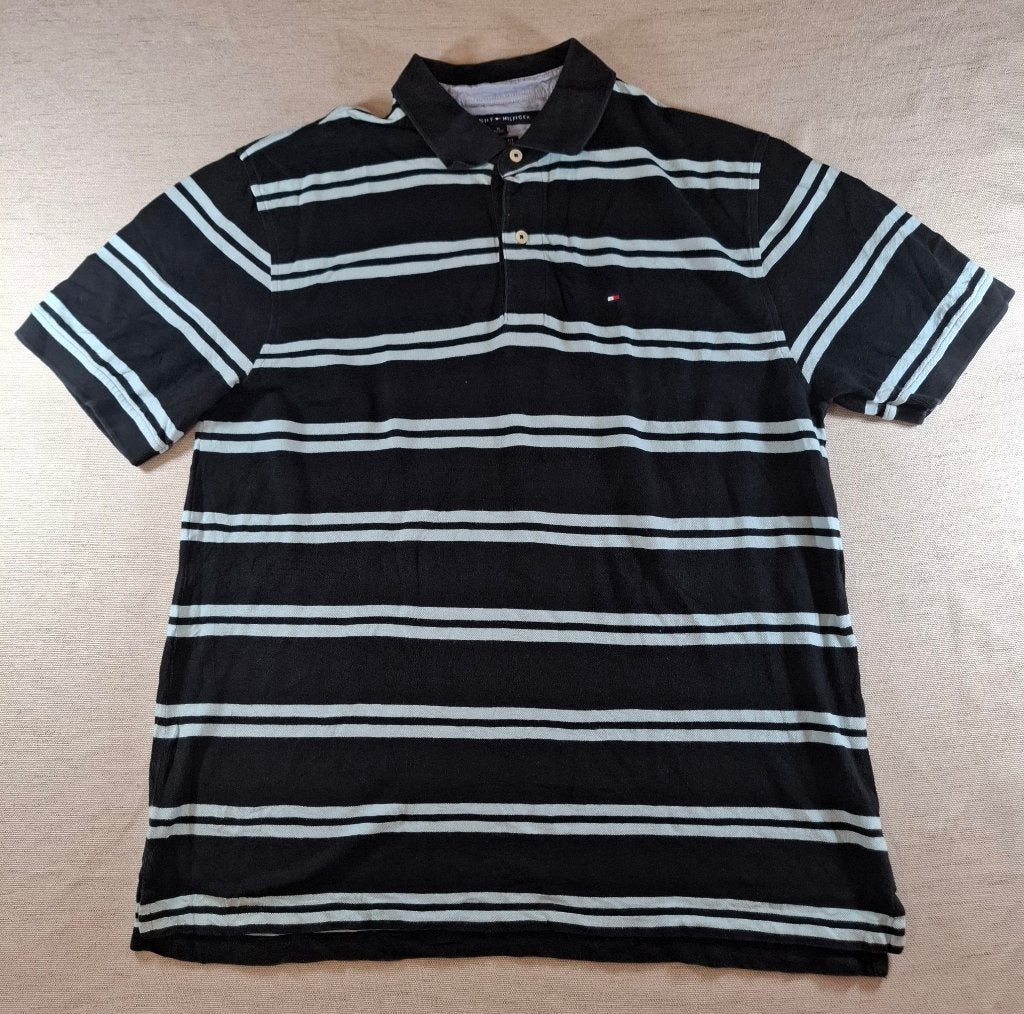 Tommy Hilfiger polo maat XL Zwart/ Lichtblauwe strepen, Tommy Hilfiger, Maat 56/58 (XL), Zo goed als nieuw, Meerkleurig