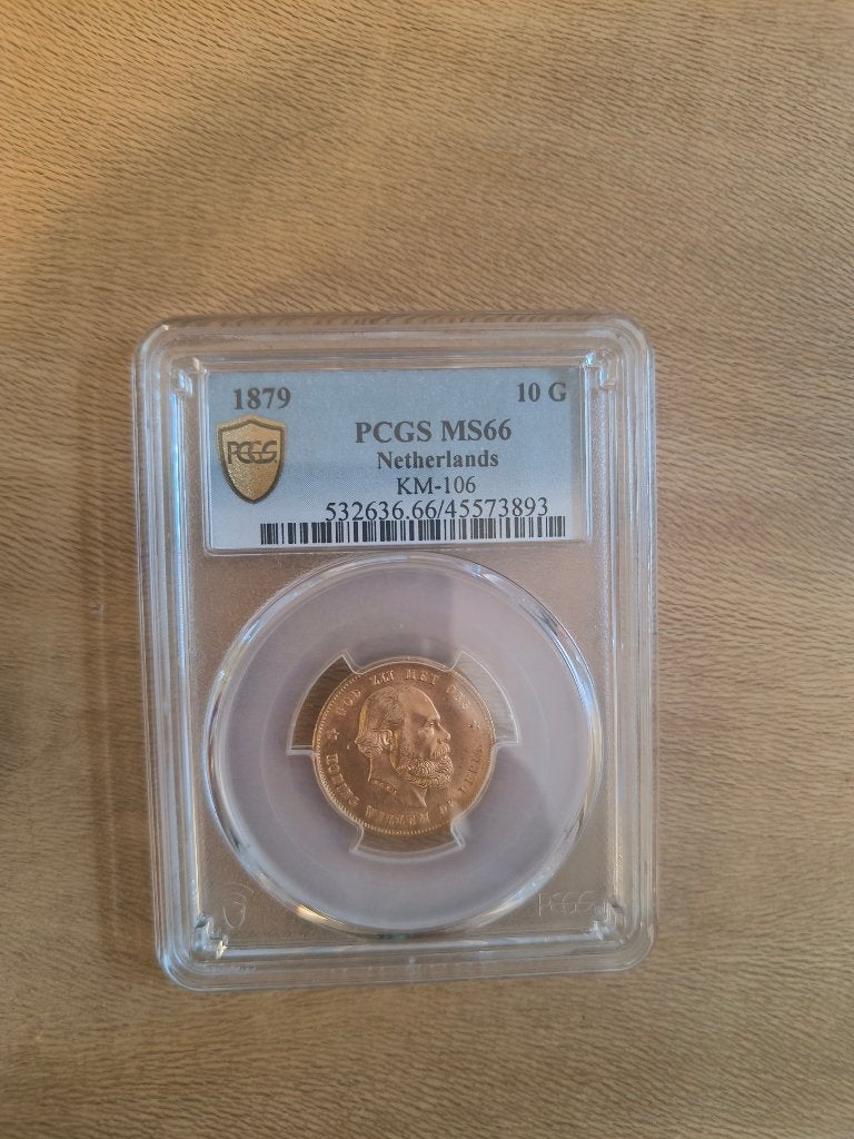 Gouden Tientje 1879 MS66 PCGS, Koning Willem III, Losse munt, 10 gulden, Goud