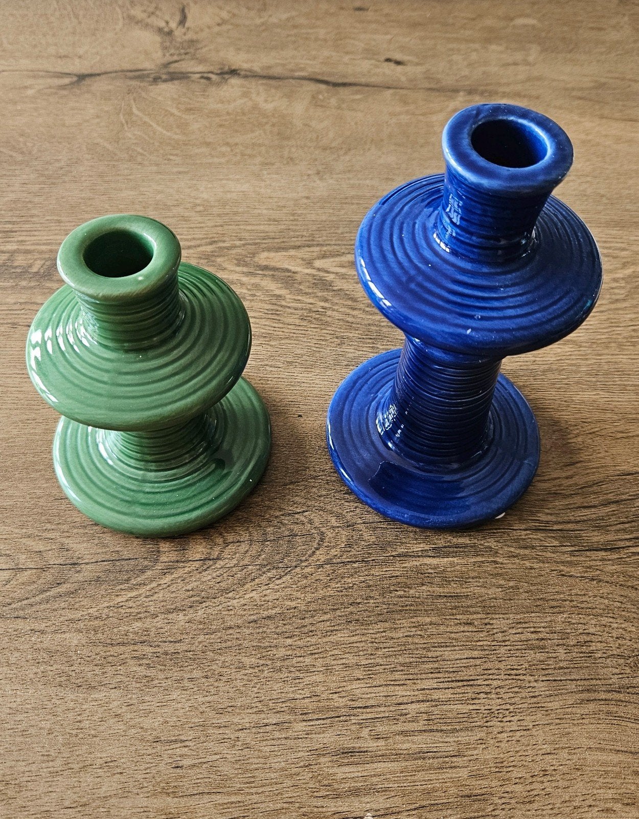 Set van 2 keramische kandelaars - blauw en groen, Ophalen of Verzenden