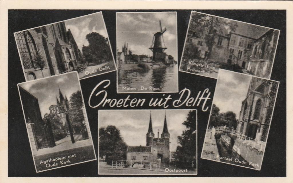 DELFT Agathaplein Molen Poort Prinsenhof Portaal 1957, Verzamelen, Ansichtkaarten | Nederland, Verzenden, 1940 tot 1960, Gelopen