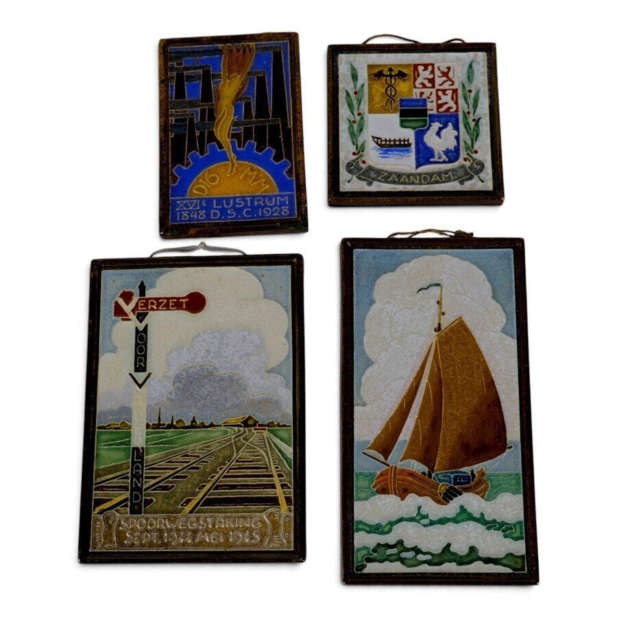 Vier De Porceleyne Fles cloisonné tegels, Ophalen of Verzenden