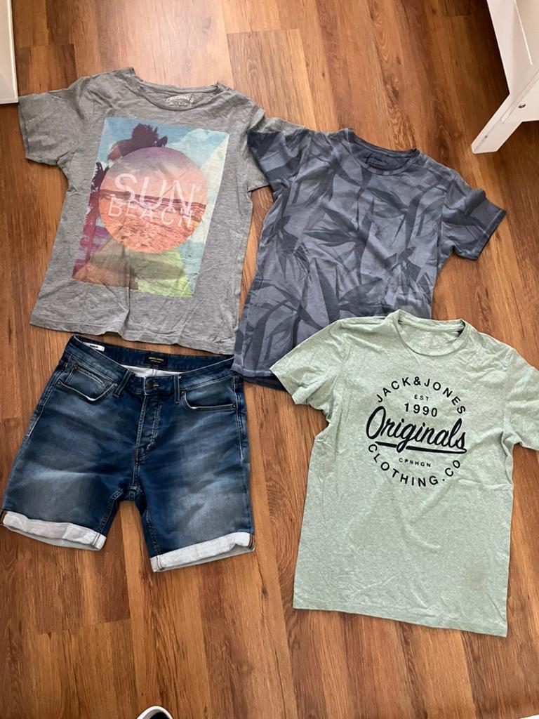 Jack&Jones spijker korte broek + 3 shirts, Ophalen of Verzenden, Zo goed als nieuw, Maat 48/50 (M)