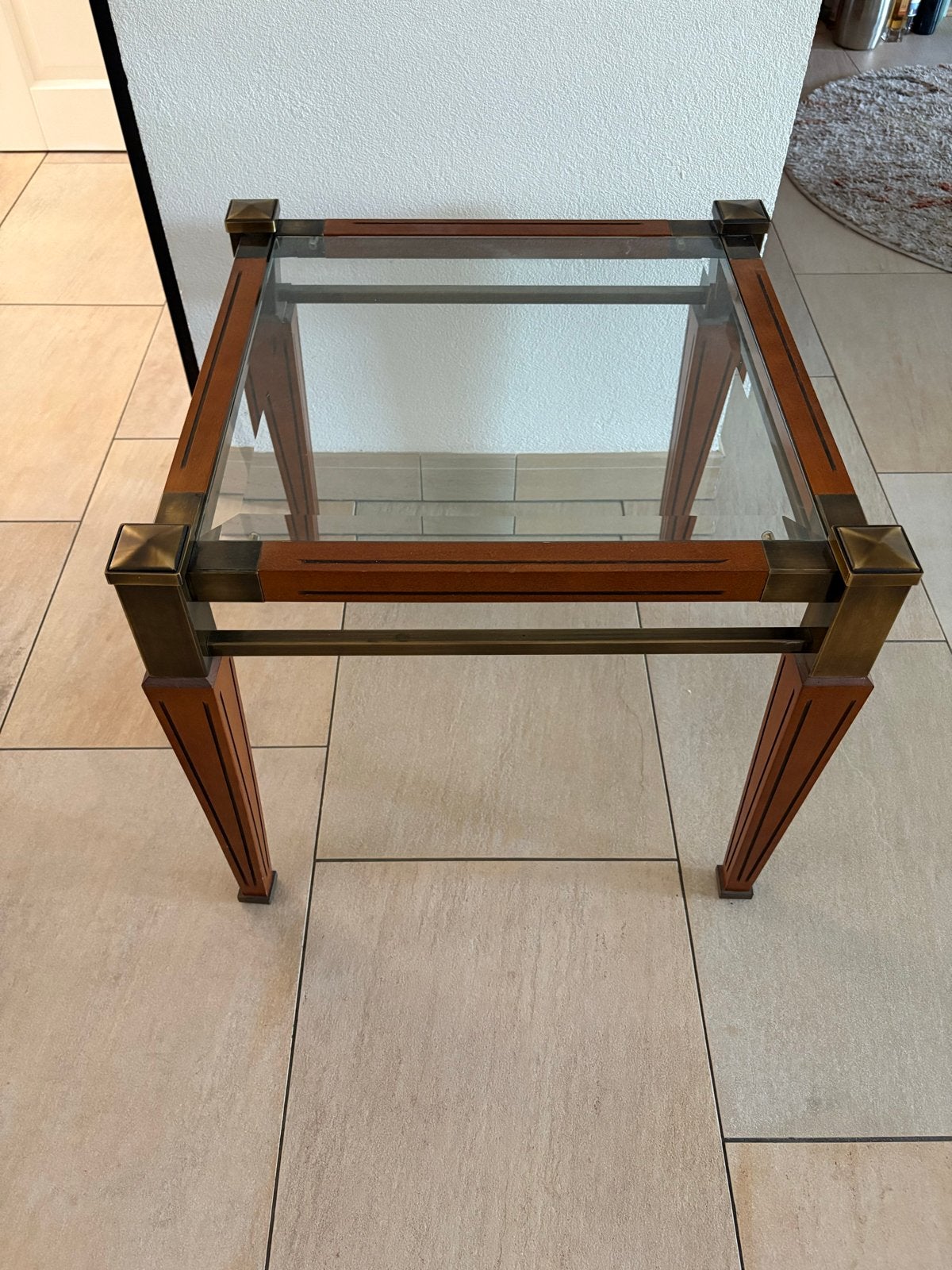Stijlvolle bijzettafel met glas en messing accenten, Ophalen, Minder dan 45 cm, Minder dan 55 cm, Gebruikt