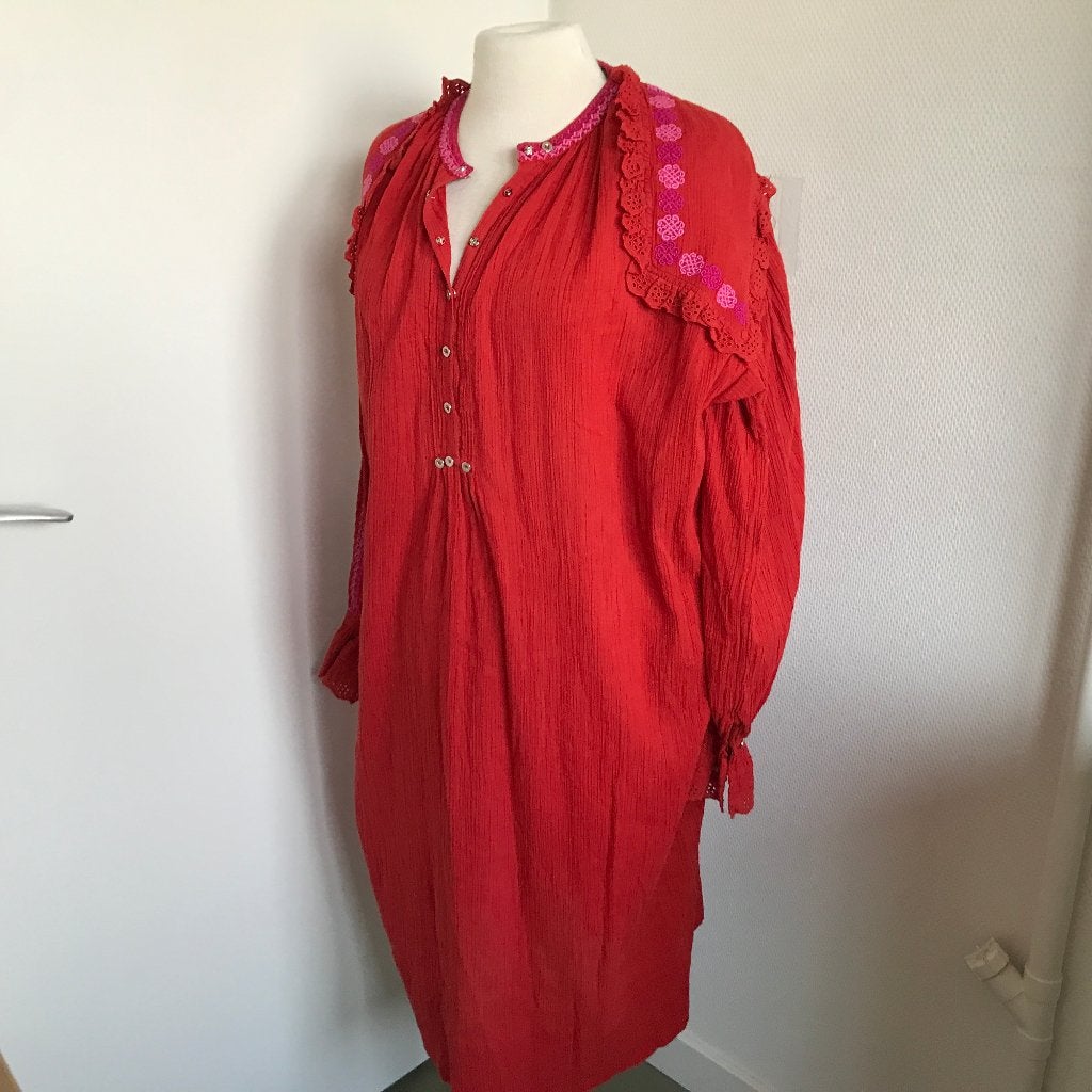 Antik Batik kaftan jurk Rood met roze XS/S Nieuw, Kleding | Dames, Jurken, Verzenden, Nieuw, Maat 36 (S), Rood