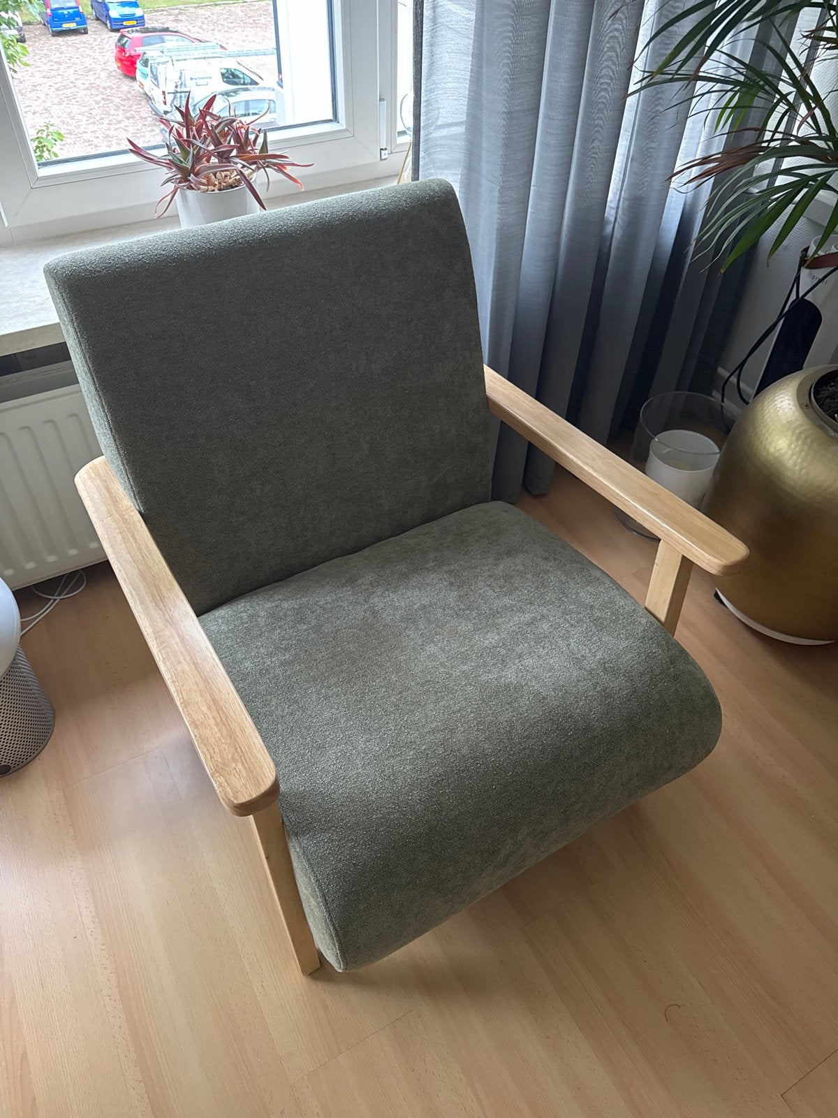 Nieuwe fauteuil van Vente-Unique - Groene stof met hout, Huis en Inrichting, Fauteuils, Ophalen, Nieuw, Stof