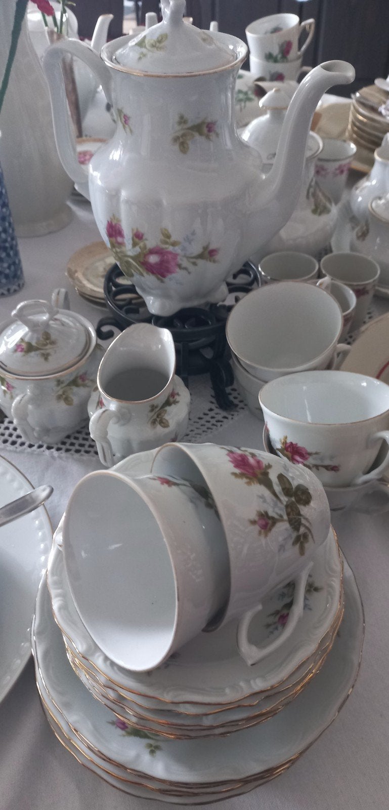 Mooi brocant koffieservies, 6 personen, roze roos, Watbrzych, Ophalen of Verzenden