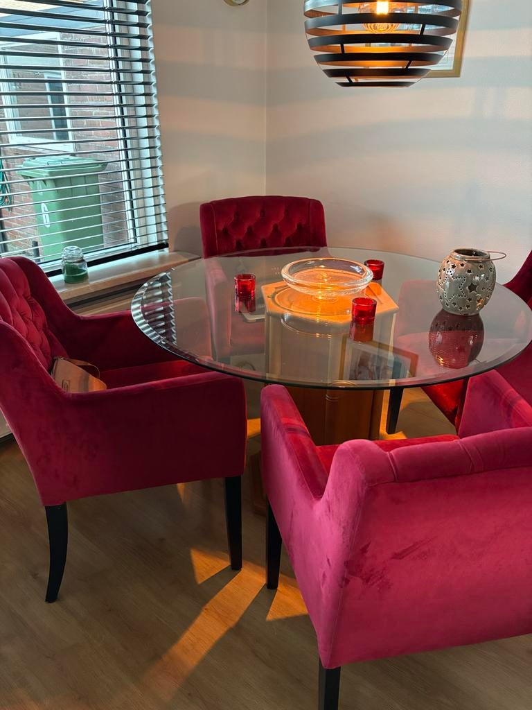 Mooie glazen eettafel met lichte krasjes, Ophalen, Gebruikt, 50 tot 100 cm, Rond
